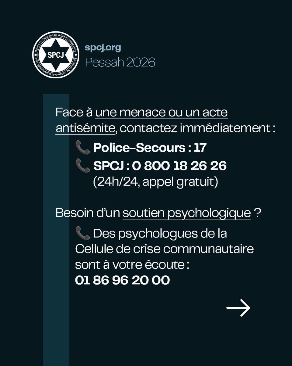 #Pessah : #vigilance #collective à renforcer !

Le contexte international et le niveau de menace terroriste très élevé, nous invitent à rester #attentifs, en adoptant des réflexes simples.⤵️ 

Pour s'en souvenir : S É D E R !

📞 SPCJ : 0 800 18 26 26.
📞 Police-Secours : 17.