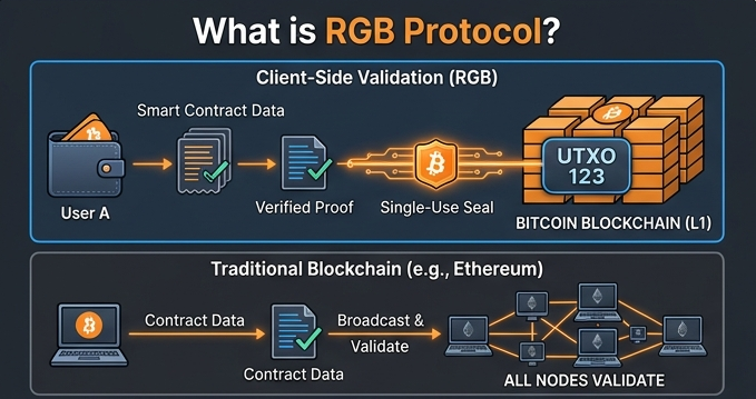 deanstark1747's tweet photo. What is RGB? 🏗️ RGB is a suite for private smart contracts on #Bitcoin. It uses Client-Side Validation to keep data off-chain, using BTC’s UTXOs as "Single-Use Seals" to prevent double-spending without bloating the chain. @RGBAssociation @RGB_Hub https://t.co/W4lEZXN001