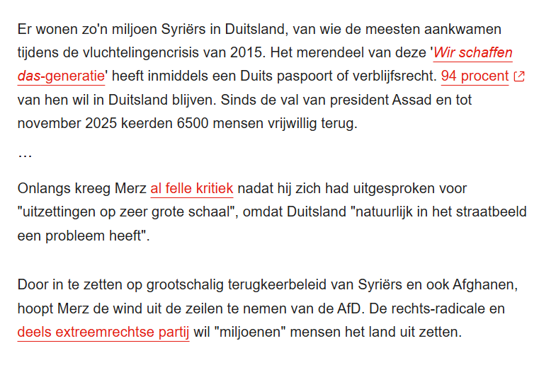demo_demo_nl's tweet photo. Merz wil AfD de loef afsteken en suggereert dat onder zijn leiding ‘80% van de Syriërs zal terugkeren’.
Ik vraag me af hoe.
 - Verleiden met een terugkeerpremie?
 - Intrekken verblijfsstatus en/of Duits paspoort?
94% wil namelijk in Duitsland blijven👇
https://t.co/mtPBBsQUvx https://t.co/2JzzRJ9RTa