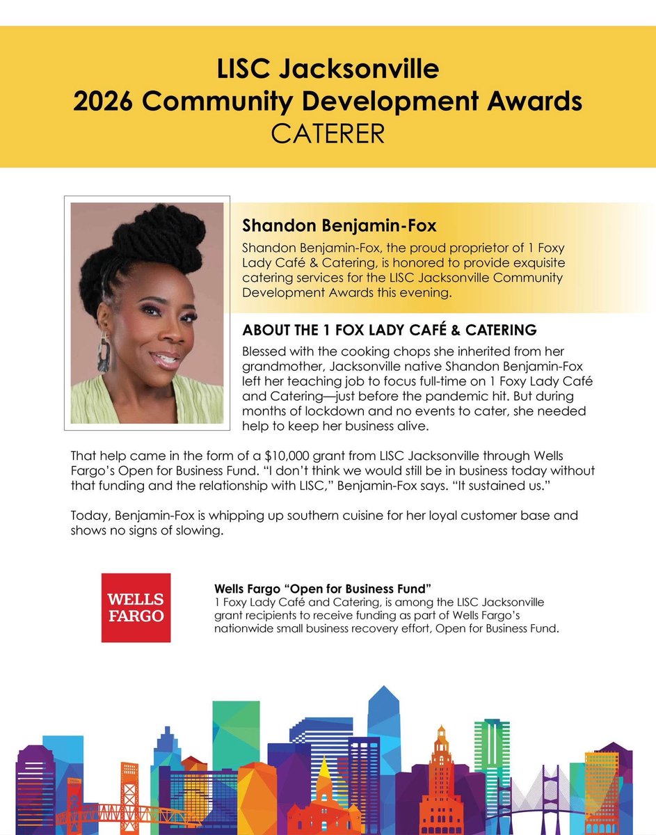 LISCJax's tweet photo. We are thrilled to have Jax native Shandon Benjamin-Fox catering our 2026 Community Development Awards!

Enjoy Shandon's cooking chops and join us at the 2026 Community Development Awards! Reserve your tickets now: https://t.co/8hP45gzBUA https://t.co/WoEcHbsaFx