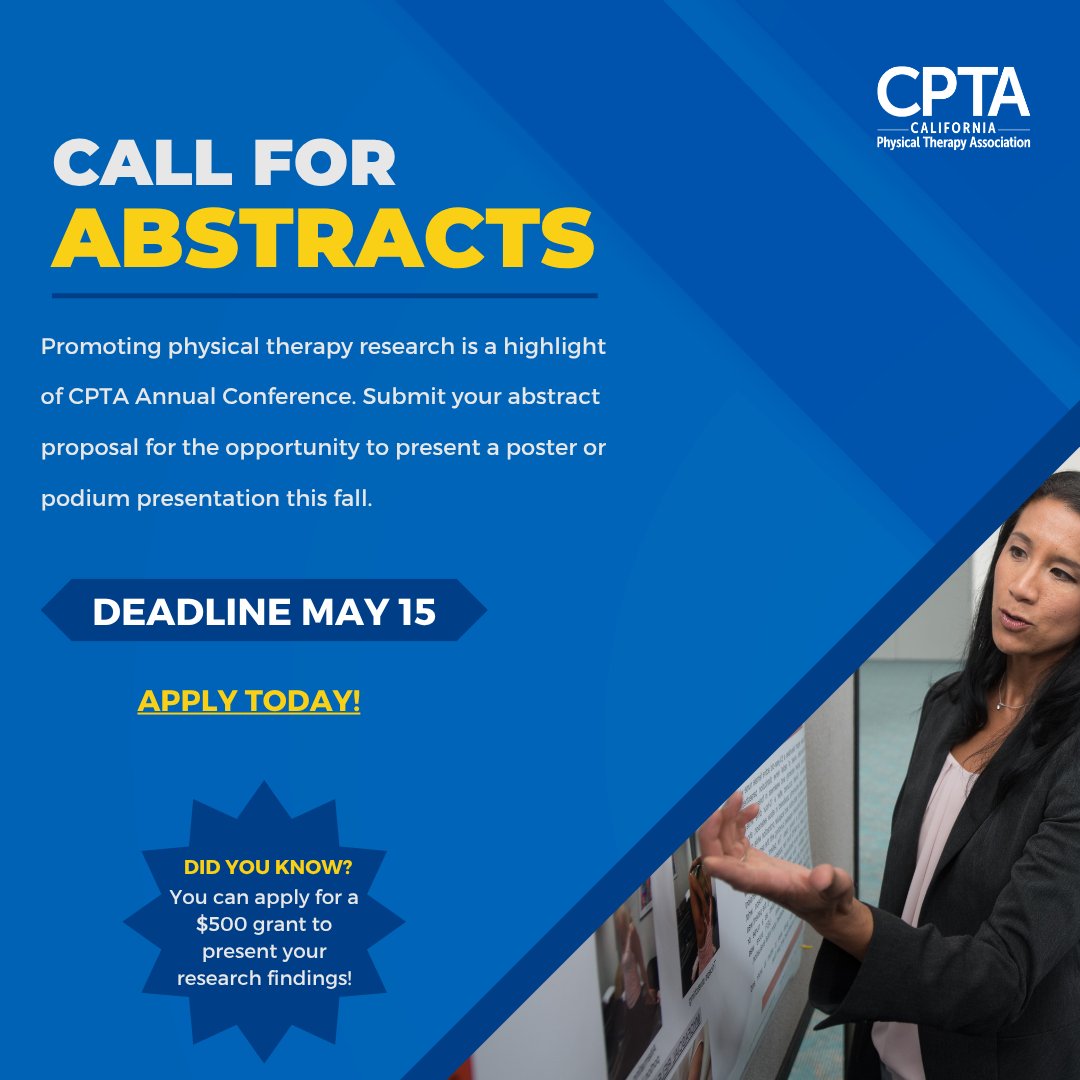 Do you have a research project that you would like to share? The Annual Conference Call for Research Posters and Podium Presentations is due May 15. Submit your research project today. Available on the Annual Conference page, under Attendee Details 🔗 Link in bio. #cptaconference