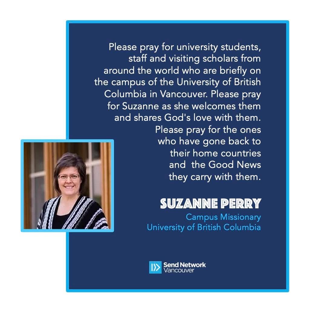 sendvancouver's tweet photo. Happy birthday Suzanne Perry!  Pray for Suzanne as she serves as a local campus missionary, especially serving international students.  https://t.co/ikJm9ghhUt 

#SendVancouver #CNBCWestCoast https://t.co/QKM4e1A3ft