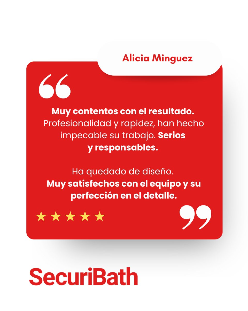 securibath's tweet photo. "Ha quedado de diseño. Muy satisfechos con el equipo y su perfección en el detalle" 🌟

Alicia Minguez destaca la seriedad, rapidez y responsabilidad de SecuriBath en su última reforma. Si buscas resultados impecables, ¡somos tu equipo! ✅ https://t.co/AQORWLxjQ2