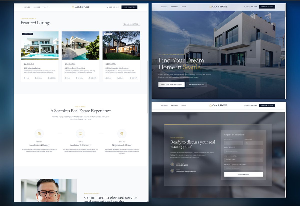Mazi_GabrielUI's tweet image. Real estate landing page concept for Oak &amp;amp; Stone.
Focused on making luxury feel approachable, clean layout, strong imagery, and a consultation flow that doesn't feel like a sales pitch.

#realestate #websitedesign #uiuxdesign #bestdesigner #BusinessSuccess #coversion #listing