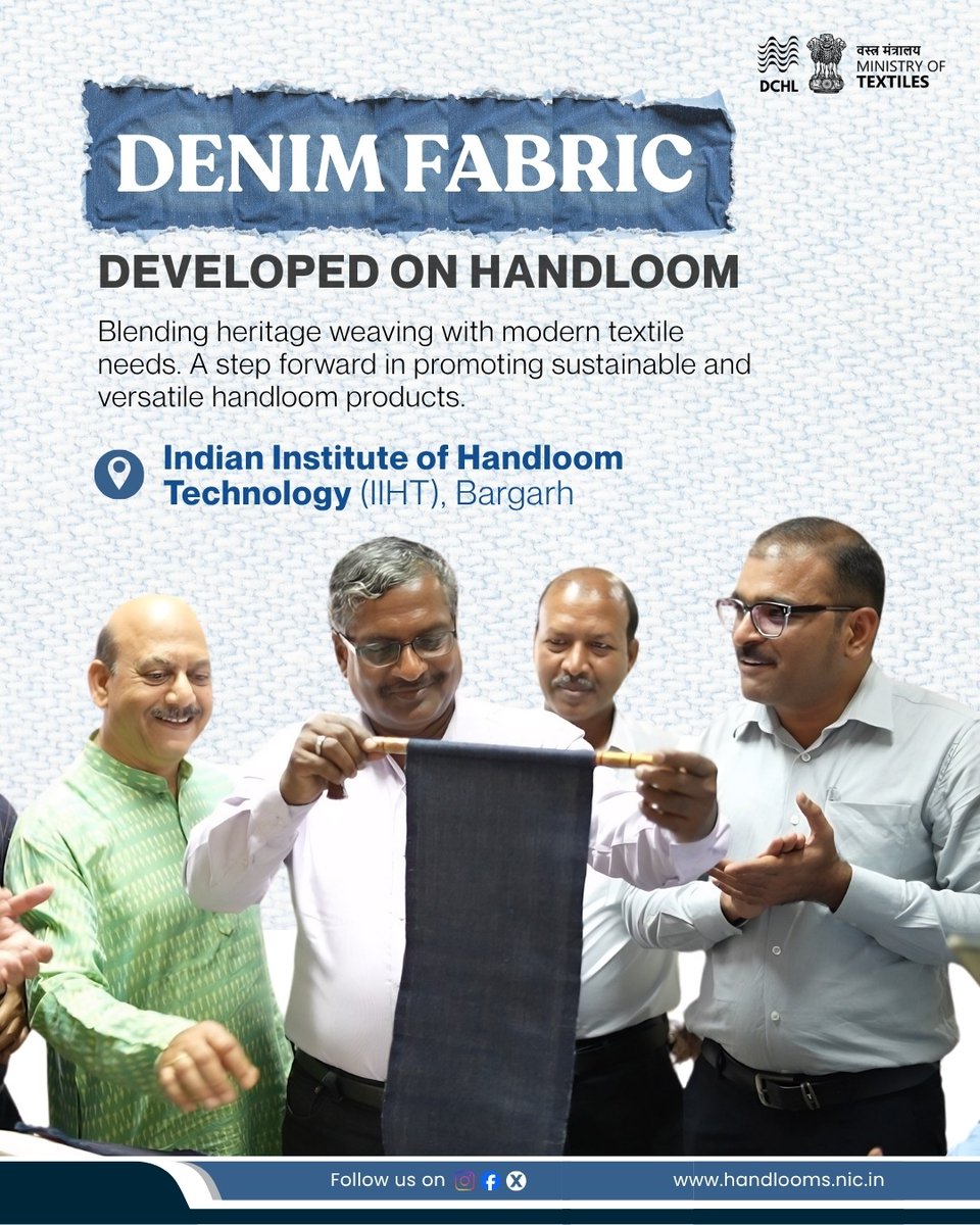 dchandlooms01's tweet image. DENIM FABRIC developed on handloom, Blending heritage weaving with modern textile needs by Indian institute of Handloom technology, bargarh. A step forward in promoting sustainable and versatile handloom products.

#denim #handlooms #textiles #innovation #viksitbharat
