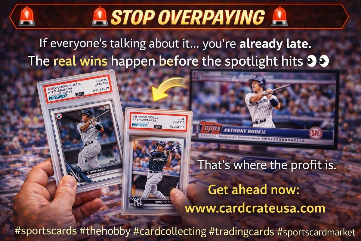 CardCrateSports's tweet image. 🚨 Stop overpaying 🚨
If everyone’s talking about it… you’re already late.

The real wins happen before the spotlight hits 👀

That’s where the profit is.

Get ahead now: cardcrateusa.com

#sportscards #thehobby #cardcollecting #tradingcards #sportscardmarket