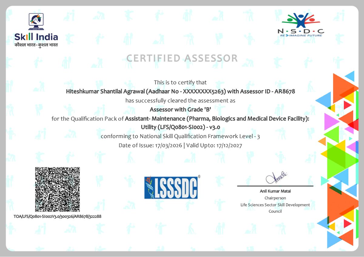 Proud to be a Certified Assessor under #skillindia 🇮🇳

Pharma | Biologics | Medical Devices
Focused on skills, growth &amp; real impact 💡

#CareerGrowth #IndiaRising #Upskill #FutureReady

<a href="/MSDESkillIndia/">Skill India</a> <a href="/NSDCIndia/">NSDC India</a> <a href="/LSSSDC/">Life Sciences Sector Skill Development Council</a> <a href="/President_PCI/">Pharmacy Council of India</a> <a href="/Pharmadept/">Department of Pharmaceuticals 🇮🇳</a>