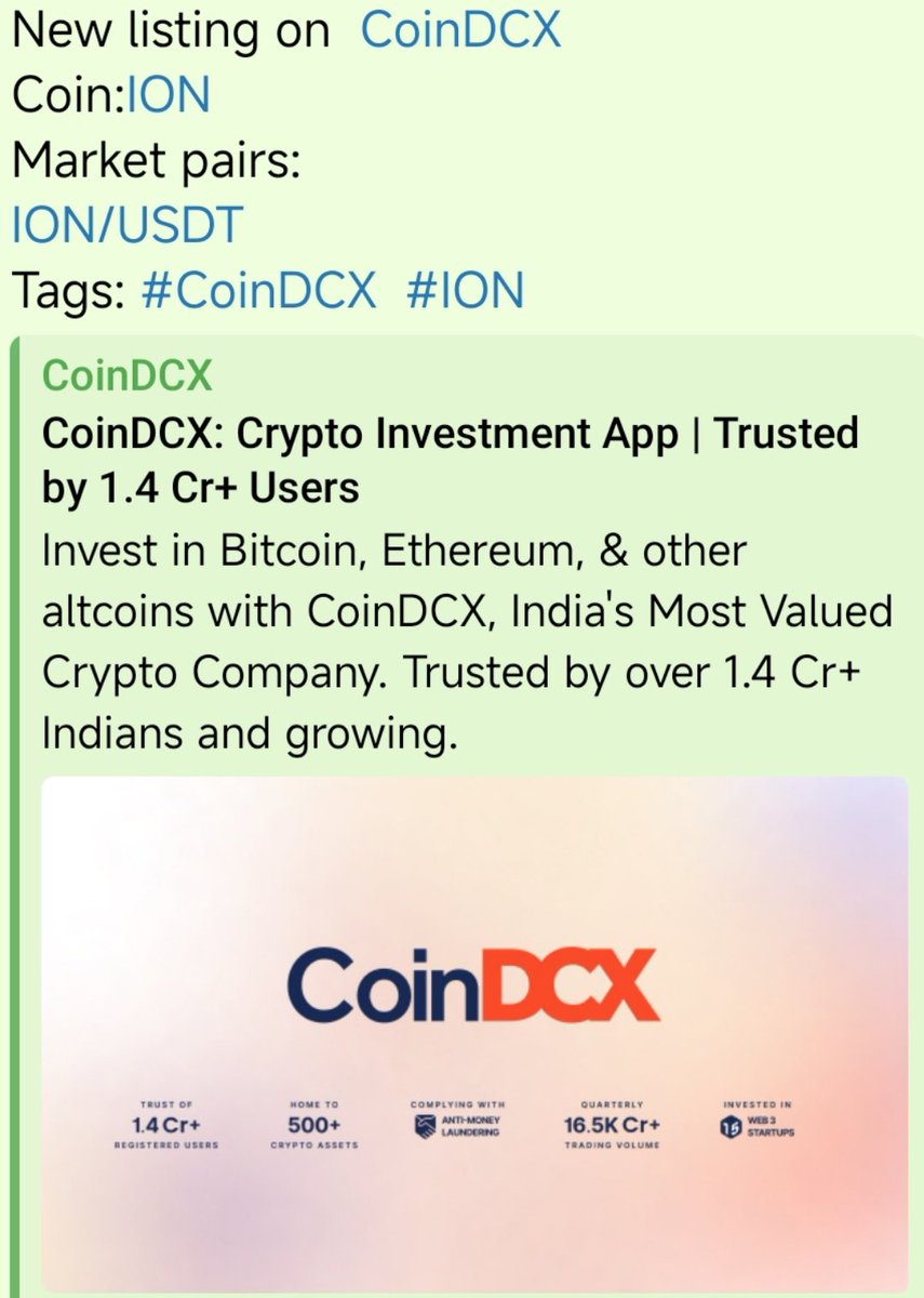 IONTechION's tweet image. ION has been listed on the Coindcx exchange.

New listing on  CoinDCX 
Coin: $ION 
Market pairs:
ION/USDT
 #CoinDCX  #ION