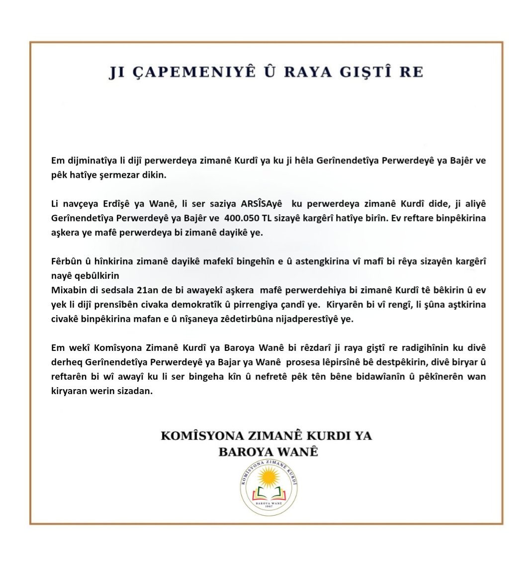 Komîsyona Zimanê Kurdî / Baroya Wanê tweet media