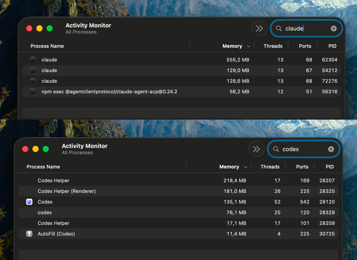 Codex Memory Features Claude Code on terminal: 868 mb~ Codex desktop app: 638 mb~ It's crazy ...