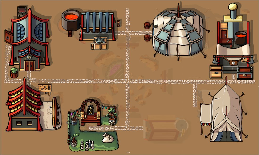TimitoDA's tweet photo. Man the Base Camp is really starting to take shape. I'm loving this iteration of it! 

Left to do:
* 3 Buildings
* Magic Portal (you can see the old one faded out)
* Rocks, boulders, trees and general decorations.
* 3 more maps like this one.

Most buildings have an alternative version that gives different bonuses. And buildings can be upgraded 2 times from 4 options (here most buildings have some of all upgrades turned on at ones).