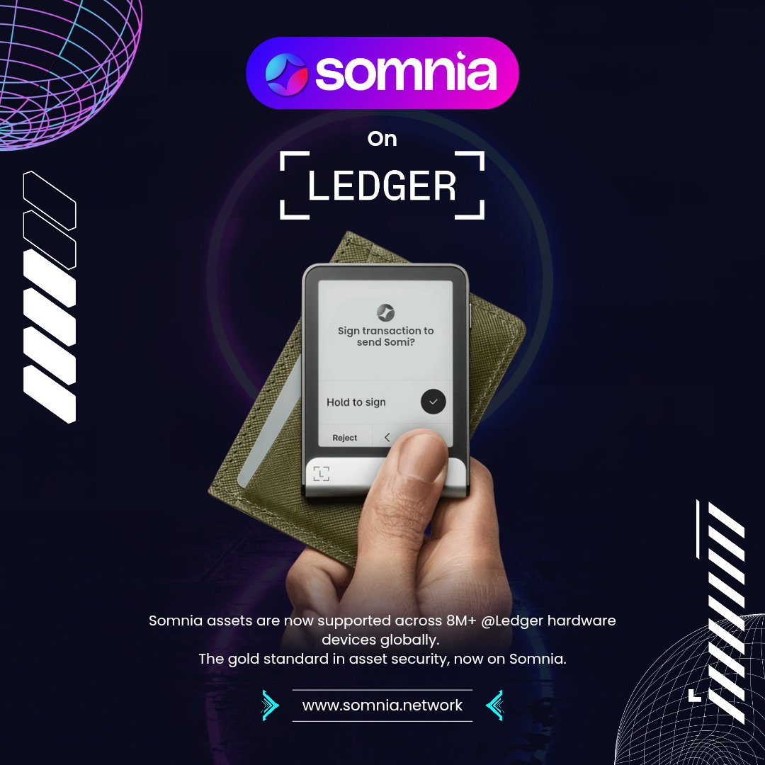 Somnia x Ledger just went LIVE 🔥  
$SOMI assets &amp; gaming items on Somnia are now fully supported on 8 MILLION+ Ledger hardware wallets worldwide.  

This isn’t just a small add-on — this is gold-standard security (same level as BTC/ETH) now available on the world’s fastest
