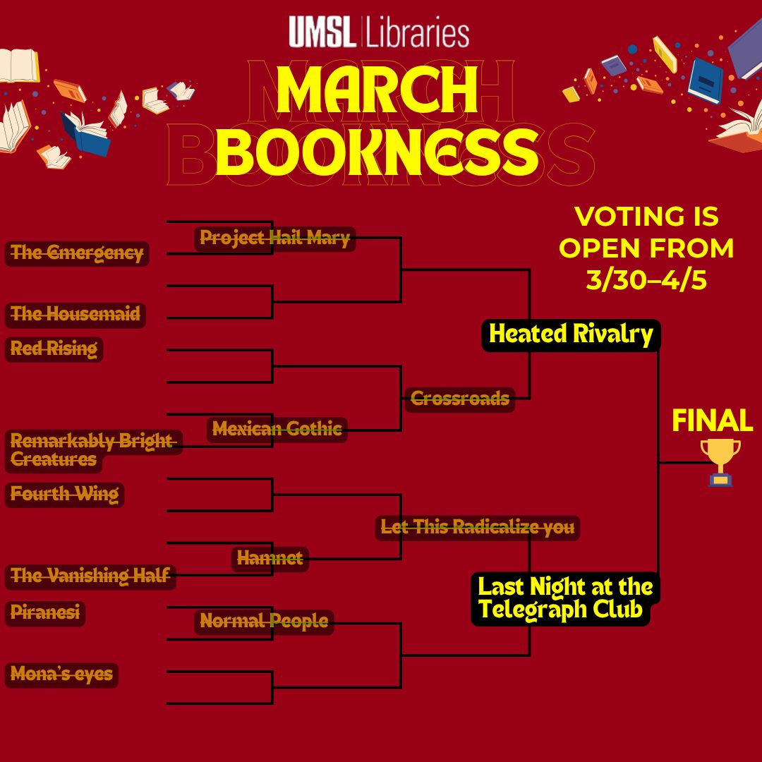 UMSLlibraries's tweet photo. IT’S THE FINAL COUNTDOWN…

The Championship Round is here and we are not giving up the fight!

Voting for the final round is open from 3/30–4/5.

Visit the link and help us decide on the winning book: https://t.co/ujOK1eJwdO

#UMSL #MarchBookness #UMSLLibraries #Library https://t.co/6qewQ4FoIZ