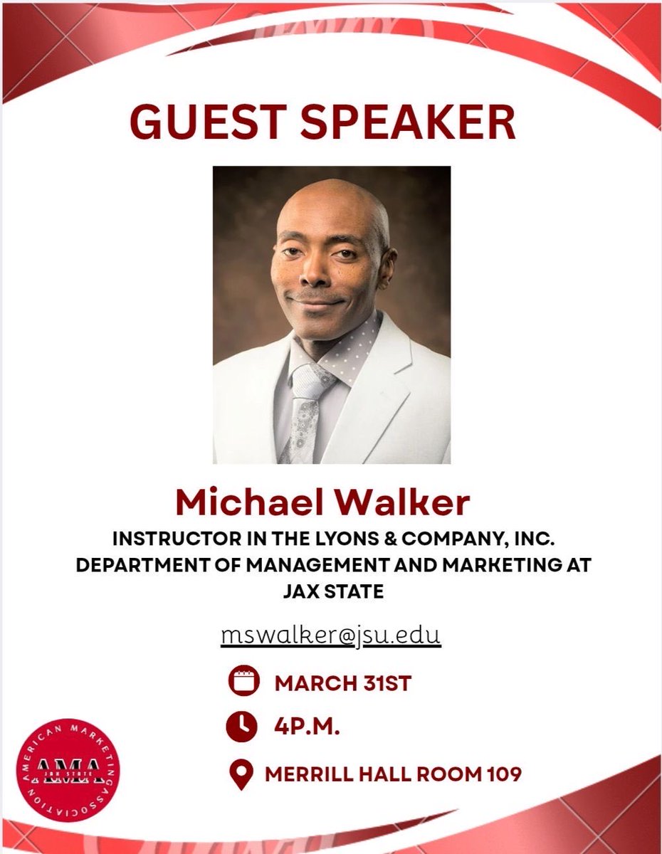 amaatjsu's tweet photo. The American Marketing Association at Jacksonville State University presents guest speaker Michael Walker 🎤
Join us tomorrow for an insightful discussion on management and marketing 📊💼 and connect with fellow students and professionals 🤝
We look forward to seeing you there! https://t.co/H4FktBm7Er
