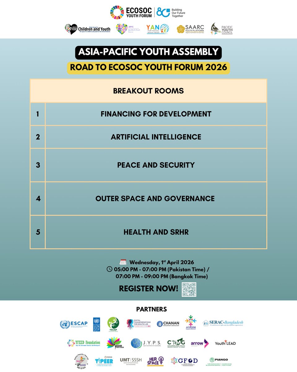 yfeed_org's tweet photo. 📢 SPEAKERS REVEAL! 📢

The road to the #UNECOSOCYouthForum 2026 starts with these incredible voices at the #APYouthAssembly. 🌏

Be part of the conversation that builds the #Post2030 framework.

📍 Online
🗓️ Wednesday, April 01, 2026
🔗 Register: https://t.co/kyCO9YdSWA https://t.co/evODeOHwgv