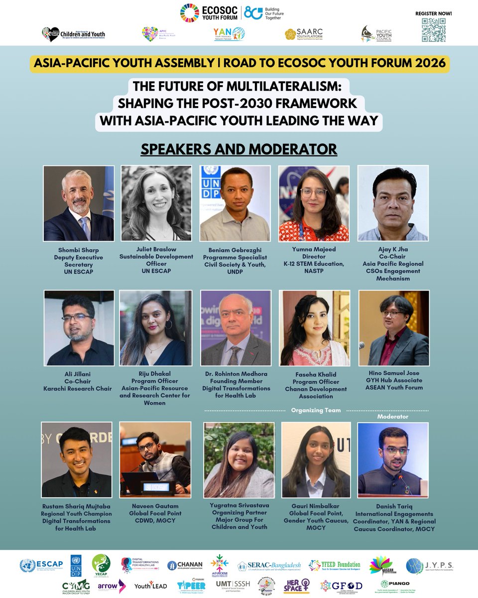 yfeed_org's tweet photo. 📢 SPEAKERS REVEAL! 📢

The road to the #UNECOSOCYouthForum 2026 starts with these incredible voices at the #APYouthAssembly. 🌏

Be part of the conversation that builds the #Post2030 framework.

📍 Online
🗓️ Wednesday, April 01, 2026
🔗 Register: https://t.co/kyCO9YdSWA https://t.co/evODeOHwgv
