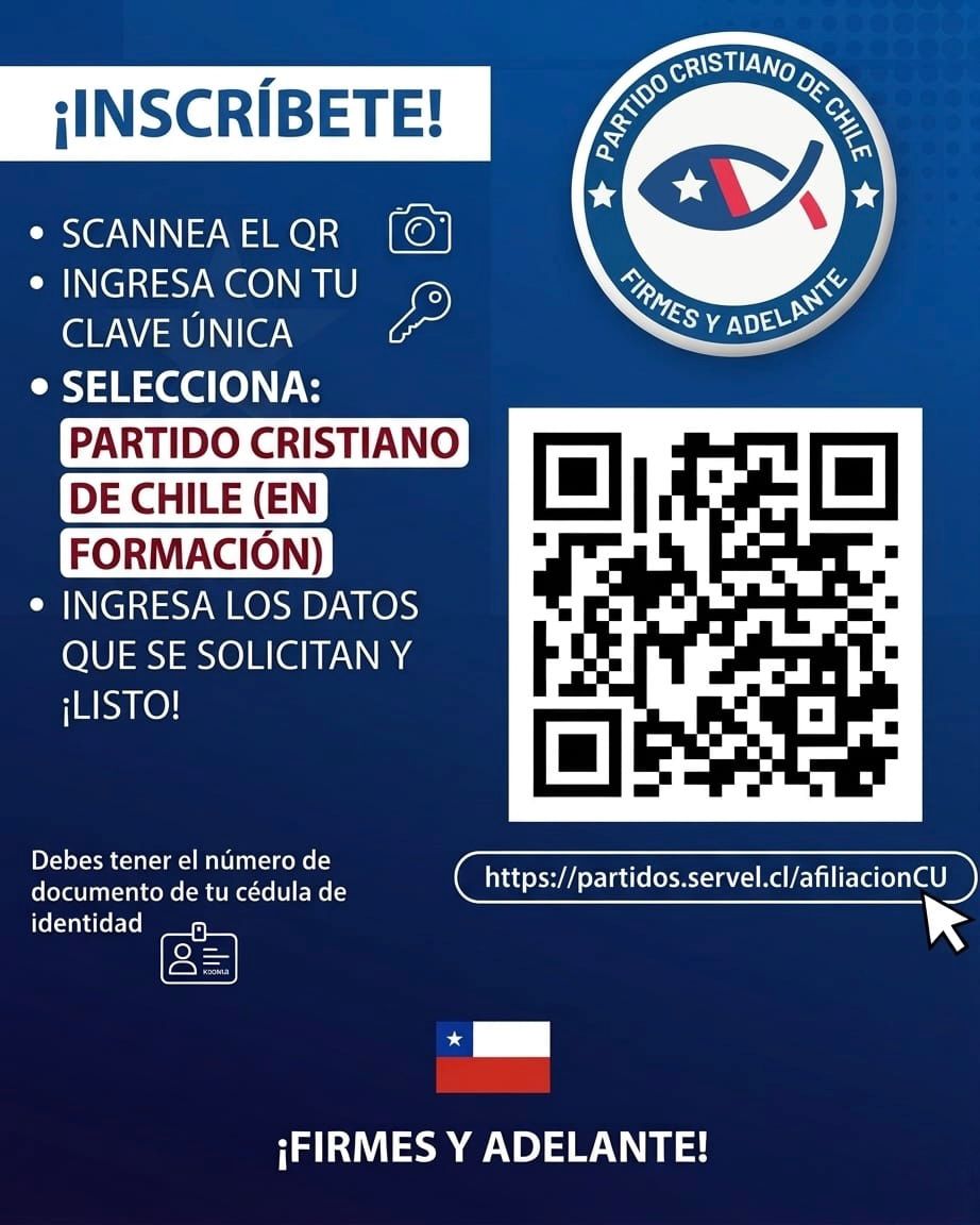 psc_cristiano's tweet photo. Ya estamos en formación como Partido Cristiano de Chile.

➡️ Ingresa al link https://t.co/HOagvIgFHQ o al QR y sumate al PCC 🇨🇱

#PartidoCristianoDeChile
#FirmesyAdelante https://t.co/gM9JJNi4k1