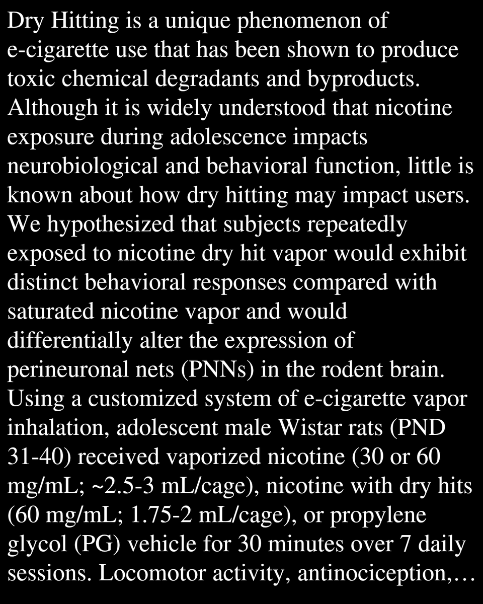 PBTQ's tweet photo. Neurobehavioral Effects of Dry Hit Nicotine E-Cigarette Vapor Inhalation in Adolescent Wistar Rats

Ogden, A., Wright, S., Kasaram, S. V., Moutos, S., Wernette, C., Dejeux, M. I. H., Schwartz, B. A., Sayes, C. M., Nguyen, J. D.
https://t.co/YmTHoYZqc4 https://t.co/mw7nDgj9B0
