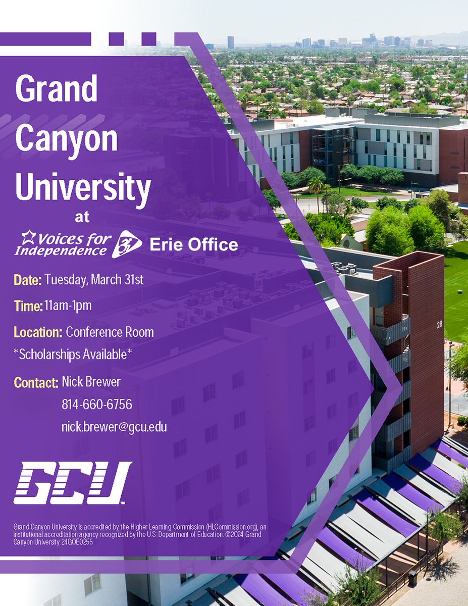 VFICIL's tweet photo. 🟪 ATTN Erie followers: A reminder that our friends at Grand Canyon University will be visiting our Erie office once more to discuss enrollment, scholarship opportunities, and more!

🗓️ Join us tomorrow (Tuesday, March 31) from 11am-1pm in the VFI Erie office conference room to learn more! For additional information, please contact GCU's Nick Brewer at nick.brewer@gcu.edu or (814) 660-6756.