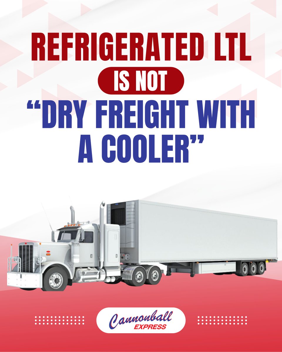 CannonballTrans's tweet photo. Refrigerated LTL is more than “dry freight with a cooler”

It uses precise temperature control, monitoring, and specialized handling to protect your product from dock to dock, reducing loss and minimizing claims

Learn how it differs from dry freight here: https://t.co/3F6kxmPdTo https://t.co/hNdHGWRY7z