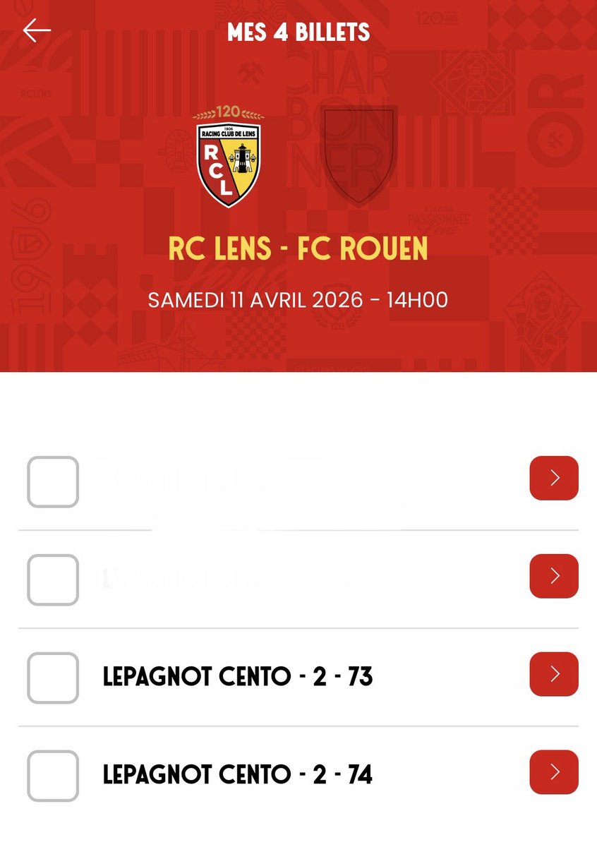 Je vends 2 places pour Lens - Rouen le 14 avril à 14h au stade Bollaert, au 2eme rang, côte à côte, au prix d’achat, 10€ la place 💛❤️ 

Je les vends car j’ai pu en avoir 2 autres ( voir photo ). Me contacter en privé ou sur Instagram : <a href="/MarineRodrigues/">Marine Rodrigues</a> 

<a href="/RCLens/">Racing Club de Lens</a> #RCLens