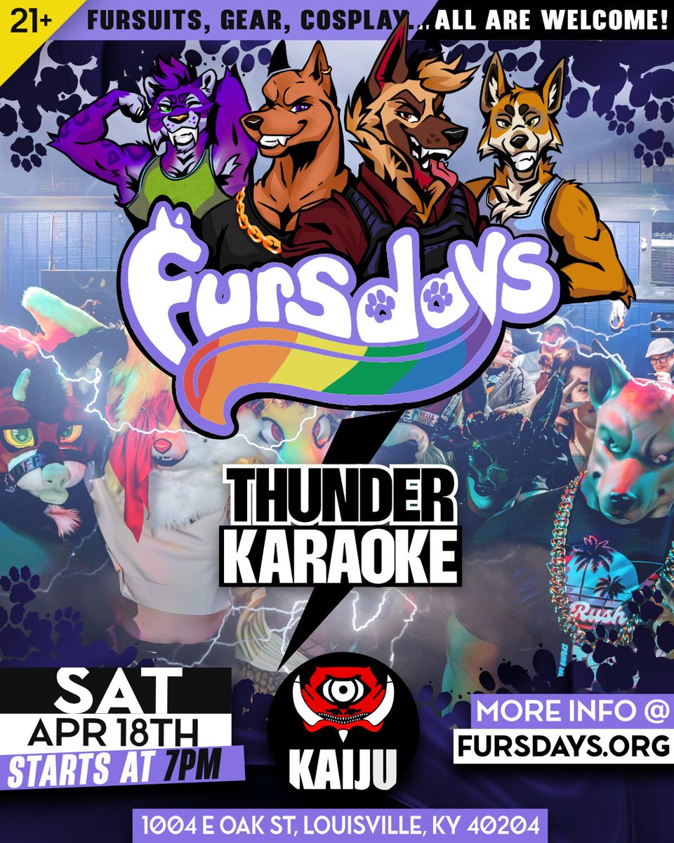 fursdays's tweet photo. For the first time, we've got a double dose of Fursdays in the same week!

At Big Bar on April 16, our pre-Thunder party starts off with a "quiet" bang with our first Silent Disco!

Then, at Kaiju on Saturday April 18, skip the riverfront mess and stay inside for karaoke instead! https://t.co/T0eVKz4QtK
