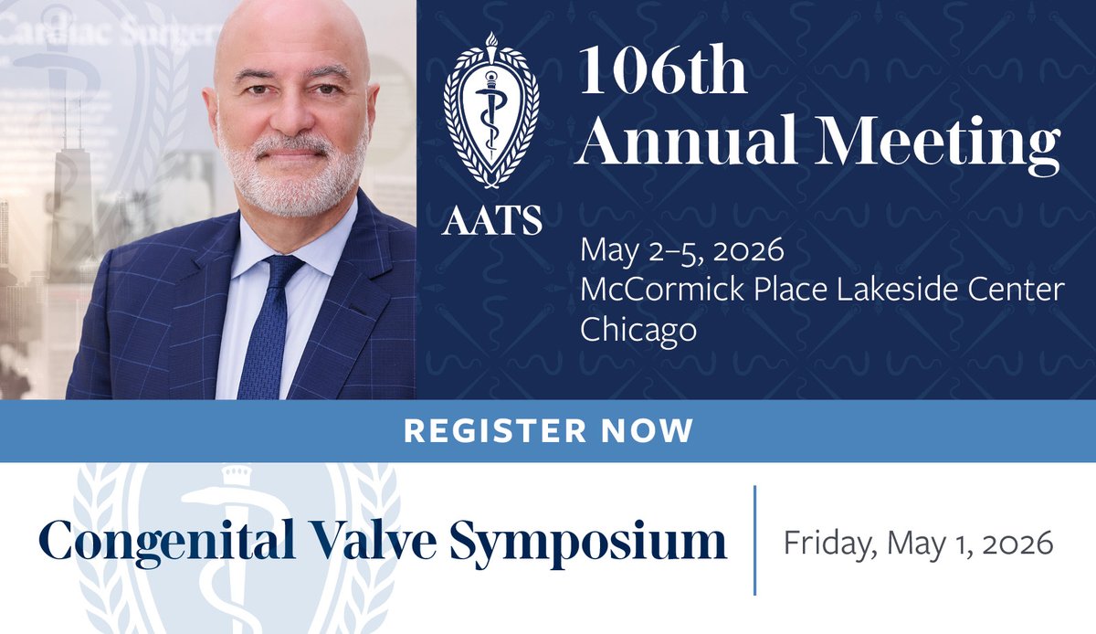 AATSHQ's tweet image. LAST CHANCE: #AATS2026 advance registration deadline is TODAY. Attend sessions on hot topics, new technology, and video case studies for all #cardiothoracic specialties, including adult #cardiac, #congenital, #thoracic, and more. Register: events.aats.org/am26/registrat…
