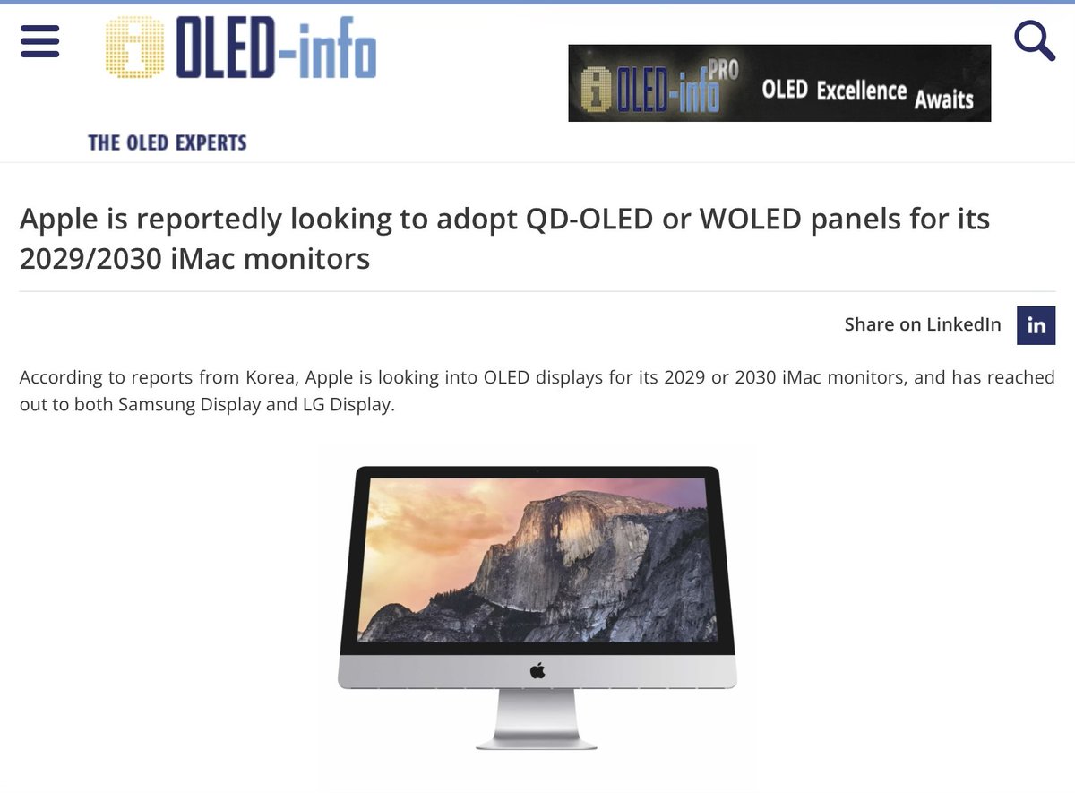 High_Def_News's tweet image. “According to reports from Korea, Apple is looking into OLED displays for its 2029 or 2030 iMac monitors, and has reached out to both Samsung Display and LG Display.”

Source:
oled-info.com/apple-reported…

#Apple #OLED #TechNews