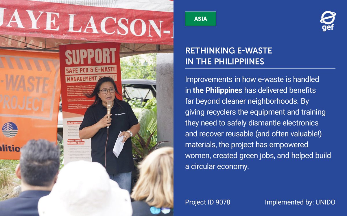 theGEF's tweet image. ♻️ This #ZeroWasteDay, we highlight how waste can become opportunity:

E-waste is a growing challenge. In the #Philippines 🇵🇭, a @theGEF &amp;amp; @UNIDO project is empowering women, creating green jobs &amp;amp; advancing a circular economy.

Learn more 🔗 thegef.org/newsroom/featu…

#GEFresults