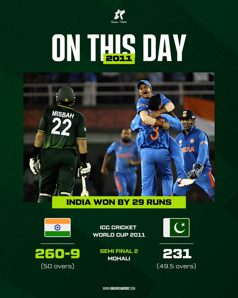 GreenTeam1992's tweet photo. #OnThisDay in 2011;

It has been 15 years since the most iconic #INDvPAK World Cup semi-final took place in India, a match that broke millions of Pakistan hearts. 💔

#OTD | #CWC11 | #Cricket | #GreenTeam | #OurGameOurPassion | #KhelKaJunoon https://t.co/jakyA6d5wO