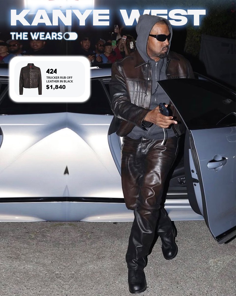 thewearson's tweet image. FIT CHECK 👔 | @kanyewest 

📍 Spotted leaving the BULLY Listening Party in LA. 

📍Kanye West, BULLY dinleme partisinde 424 deri ceketi ile birlikte görüldü. 

🧥 424
- Leather Trucker Jacket (by Guillermo Andrade)

- $1,840

#TheWearsON #DRIP #FitCheck #DONDA #KanyeWest