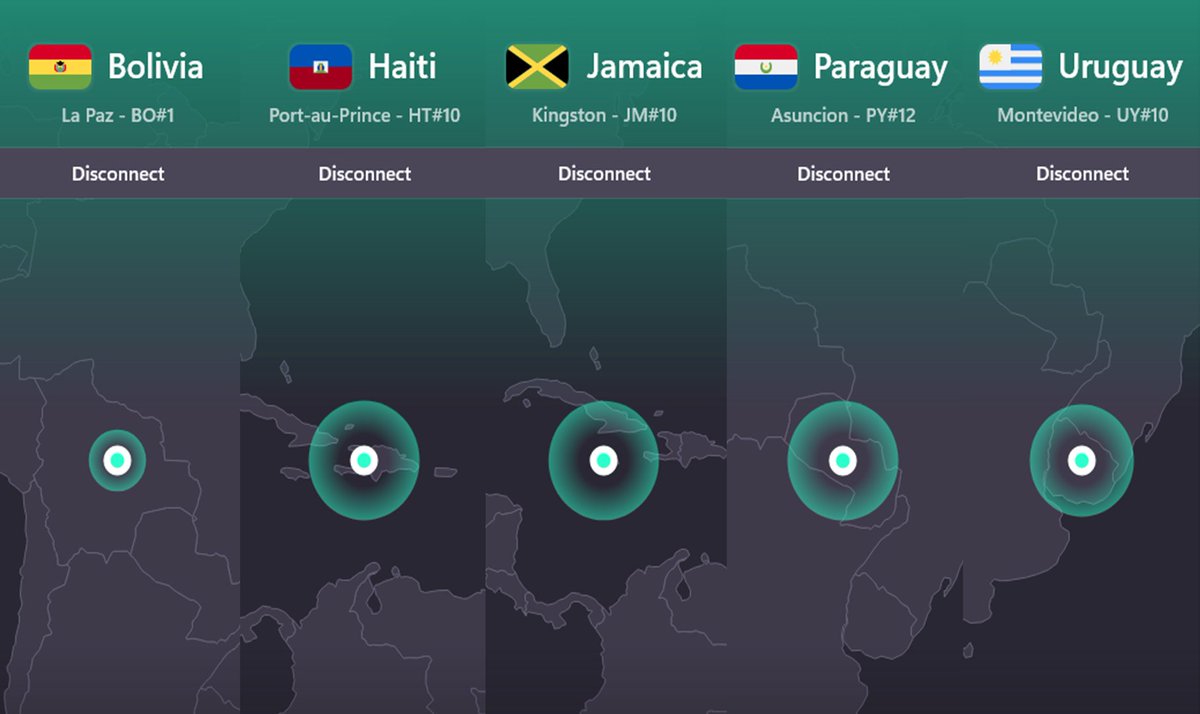 In response to requests from <a href="/ProtonVPN/">Proton VPN</a> users ...
🇵🇾 Proton VPN ko’ág̃a oguereko salida nodes Paraguay-pe g̃uarã.
🇭🇹 Proton VPN kounye a gen nœud sòti pou Ayiti. 
🇯🇲 Proton VPN now have exit nodes fi Jamaica.
🇧🇴🇺🇾 Proton VPN también tiene nodos de salida para Bolivia y Uruguay.