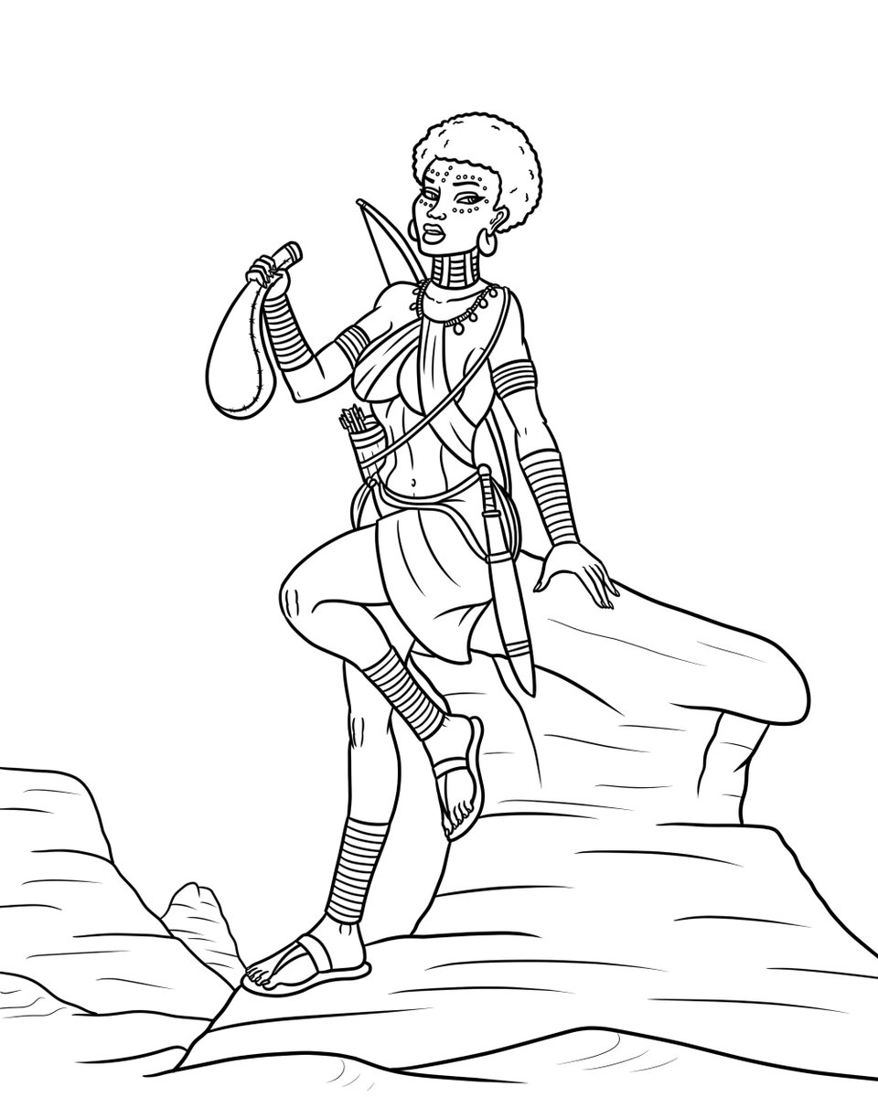 BrandonPilcher's tweet photo. A line drawing of my character Makena of Azania resting on a desert rock formation with a waterskin in her hand. I will be coloring this in over the evening (I have a busy afternoon ahead of me today). #lineart #originalcharacter #african #art #artistontwitter https://t.co/VO7UmV5cmm