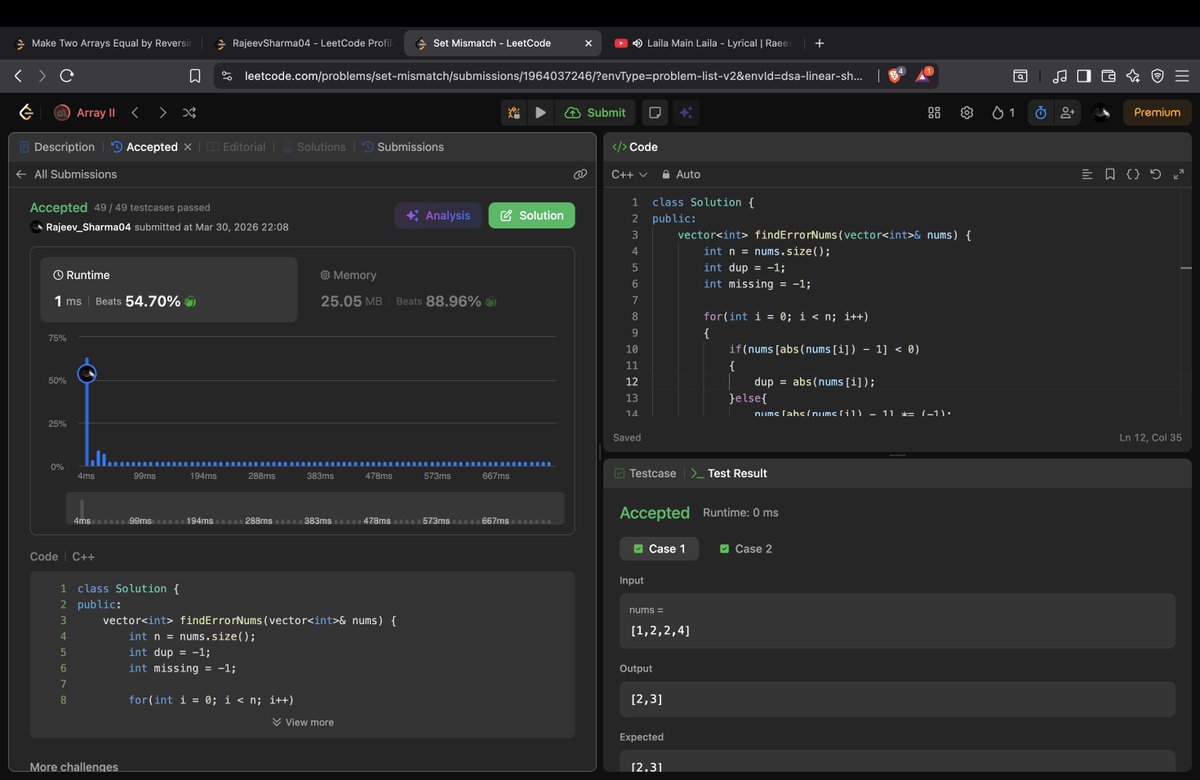 Rajeev_Sharma04's tweet photo. Day 3/10 of my #DSA challenge 🚀

Solved:
✅ Set Mismatch
✅ Smaller Numbers Than Current
✅ Find Disappeared Numbers
✅ String Equality (Ops II)
Learning in-place tricks &amp; improving efficiency 💻🔥
Stay consistent 💯
#LeetCode #Coding #10DaysOfCode https://t.co/Bai979eM8f