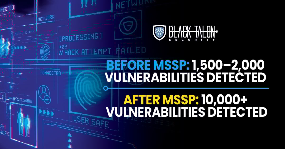 BEFORE MSSP: 1,500–2,000 vulnerabilities detected AFTER MSSP: 10,000+ vulnerabilities detected. Wait — that sounds worse, right? Wrong. Enhanced scanning revealed risks that were always there, lurking undetected. 

Full case study → blacktalon.co/4df09fn