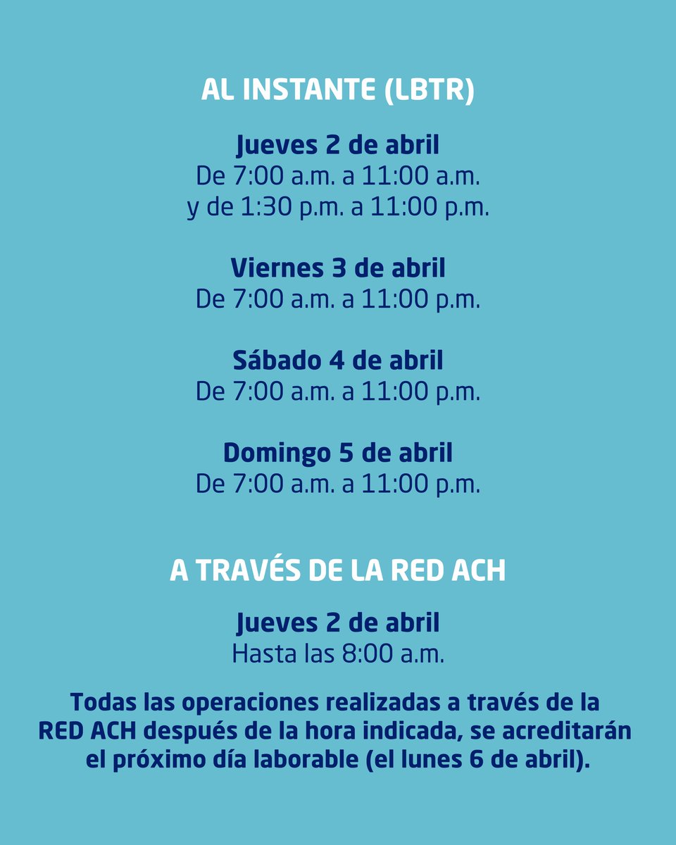 Popularenlinea's tweet photo. Desliza y conoce los horarios de las transferencias interbancarias en Semana Santa➡️
Recuerda que puedes realizar tus transacciones a
través de:
📱 #AppPopular
💻 https://t.co/4K1FyceHLD
🏧 #CajerosAutomáticosPopular
🤝 @tpagord
📍 Red de #SubagentePopular
#CadaEsfuerzoCuenta #BancoPopularDominicano
#Horarios