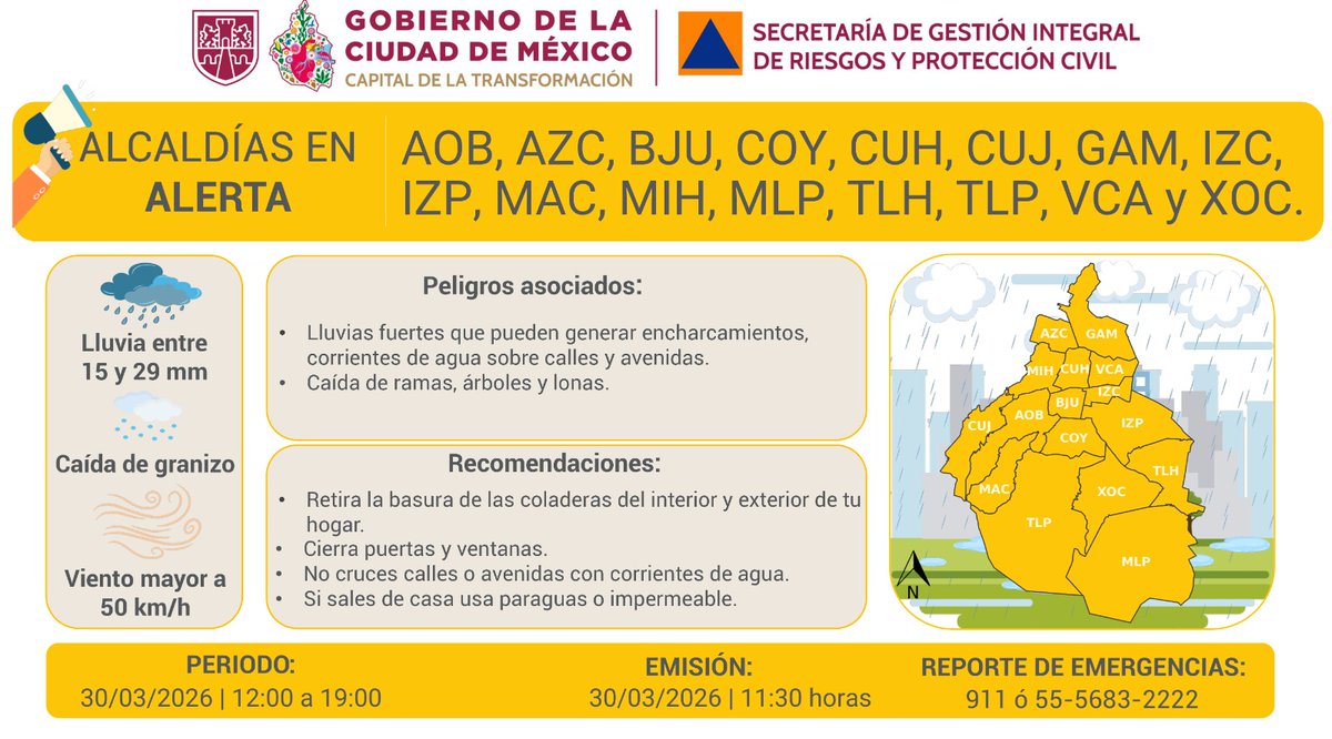 ⚠️ Se activa #AlertaAmarilla por pronóstico de #lluvias fuertes, #viento con rachas fuertes y posible caída de #granizo para la tarde y noche del lunes 30/03/2026, en todas las demarcaciones de la Ciudad de México.

Atiende las recomendaciones y mantente informado.