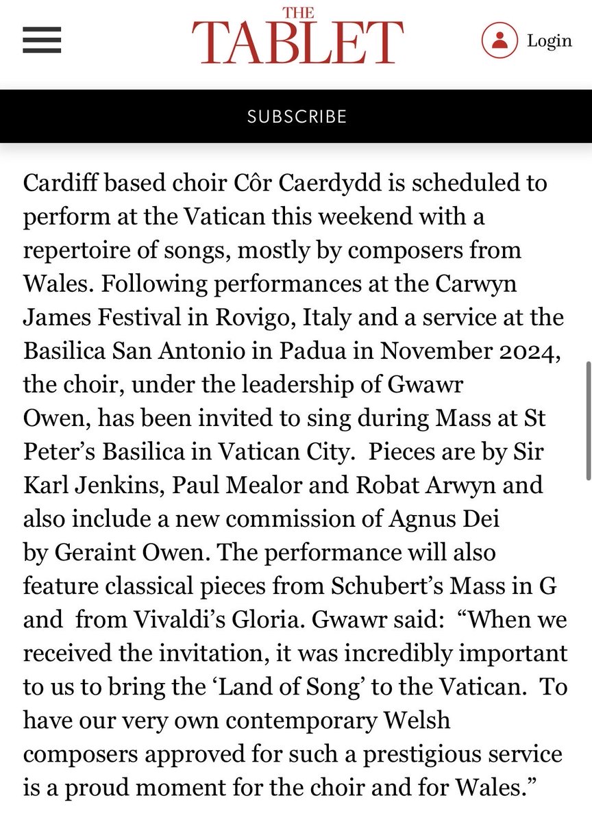 PaulMealor's tweet photo. Wonderful that the fabulous, Côr Caerdydd will perform my #music and works by other #Welsh #composers for His Holiness Pope Leo XIV at the #Vatican this #Holy Weekend. https://t.co/RnJ5AD0kKo