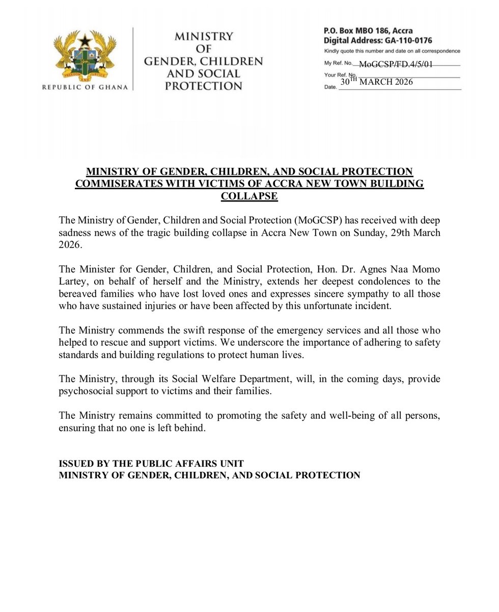 MoGCSP_Ghana's tweet photo. MoGCSP COMMISERATES WITH VICTIMS OF BUILDING COLLAPSE
#MoGCSP_Ghana
#accident #commiserate #victims
#SocialProtection #support
#LeavingNoOneBehind #ghana https://t.co/c2OwQsmDY5
