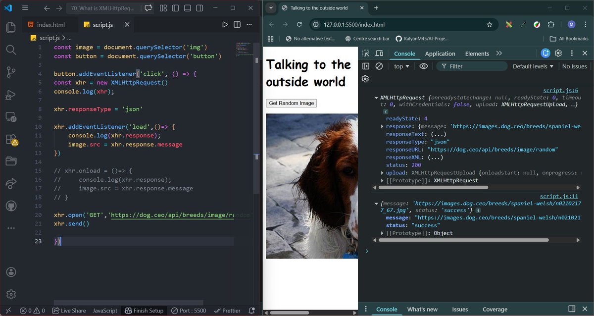 Ashab__683's tweet photo. Learned XMLHttpRequest today ⚡
Now I can fetch data from APIs without reloading the page 😎
Built a random dog image generator 🐶
Frontend is getting interesting 🔥
#100DaysOfCode #JavaScript #WebDev #day88 https://t.co/PvNI6j2Ft3