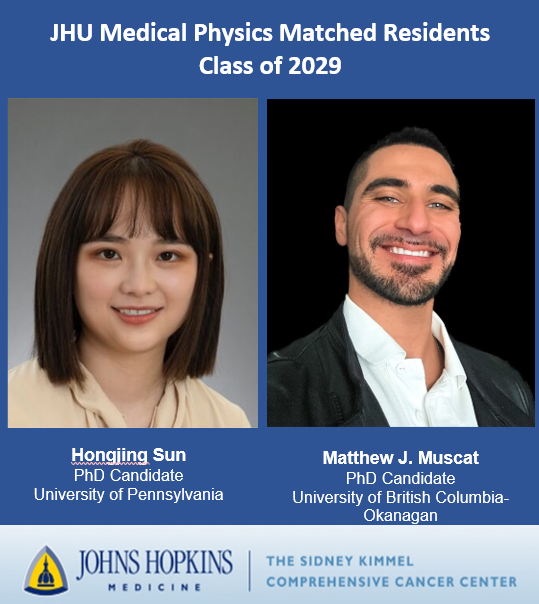 JHMRadOnc's tweet photo. We are excited to welcome our new medical physics residents Hongjing Sun and Matthew Muscat, class of 2029! Our new residents will join our medical physics residency program this summer. Thank you to everyone involved in this year's recruitment process. https://t.co/27eIYSKycD