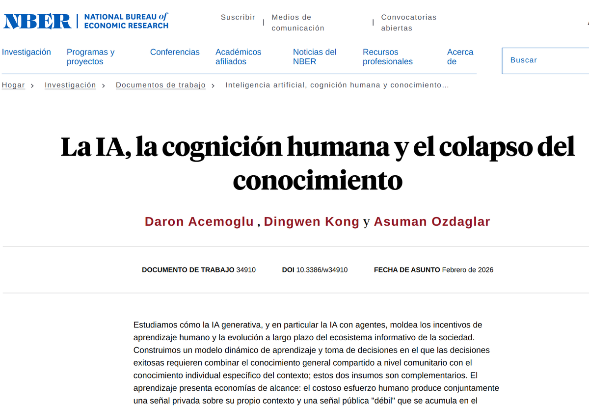 virginiog's tweet photo. Tesis de Daron Acemoglu y coautores: "Colapso de conocimiento" en la sociedad
-->IA agentica, disminuiría esfuerzo humano en decisiones específicas y generaría menos incentivos para crear conocimiento/habilidad
Creo que es posible en parte de la población
https://t.co/oqoYrTnziu https://t.co/4lobusyytu