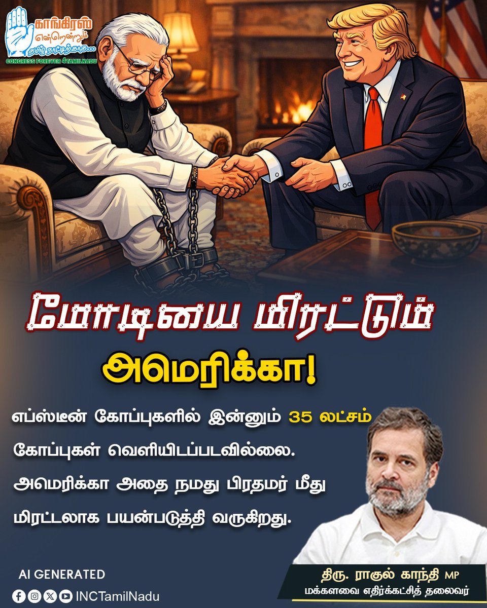 TNCCITSMDept's tweet image. எப்ஸ்டீன் கோப்புகளில் இன்னும் 35 லட்சம் ஆவணங்கள் வெளியிடப்படவில்லை.

அதை அமெரிக்கா, நமது பிரதமர் மீது மிரட்டலாக பயன்படுத்தி வருகிறது.

திரு. @RahulGandhi 
மக்களவை எதிர்க்கட்சித் தலைவர்

#EpsteinFiles
#ModiFail
#BJPFail
#INCTamilNadu