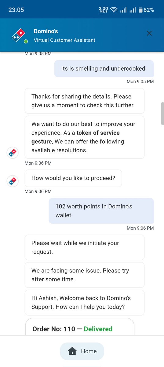 Ashishkumar08's tweet photo. My Domino's order arrived stale, and the promised refund couldn't process due to a technical error. @dominos_india @dominos, could you please initiate the refund for my item? My Concern ID is 22306509. https://t.co/hj3SAazVbv