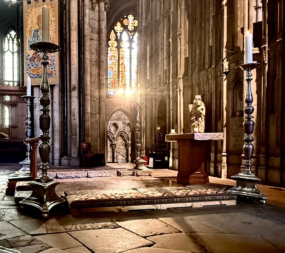 And so the sun looks in again at St Cuthbert’s Tomb, to the east of the altar at Durham Cathedral.