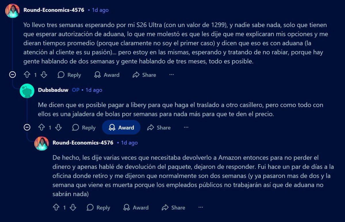 TecnoSirX's tweet photo. Ojito con @LibertyExpress si traen artículos de + $1000 allí eso puede pasar meses esperando según autorización de la Aduana y no dan mas respuestas que esa. No te dicen los tiempos promedios ni ninguna otra información. Es mas, dejan de responder y y no dan mayores opciones. Tengo varios panas con lo mismo.