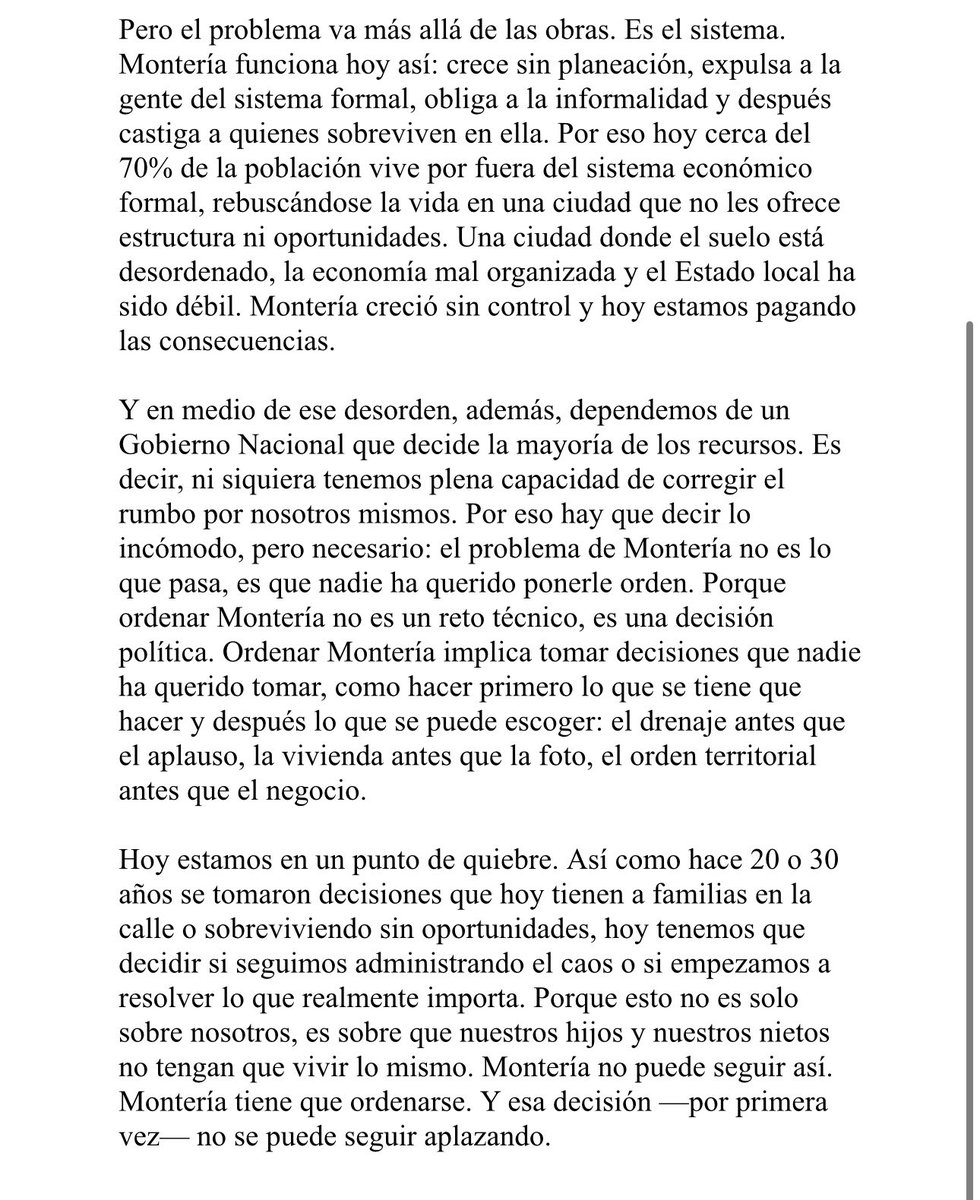 fredysanchezk's tweet photo. Nos han hecho creer que Montería es una ciudad pobre, que no hay oportunidades. Pero esa no es la verdad. Cada vez estoy más convencido de que ese no es el problema.

Por eso les dejo mi columna de esta semana:  

Montería no es pobre.
Montería está desordenada. 

Los invito a que la lean. 

https://t.co/bpiy5P6nJn