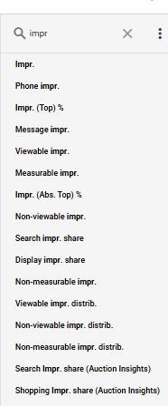 PPCGreg's tweet photo. We've got all this AI being shoved into Google Ads, but still today if I type the letter 'e' in "impression" when building a report, none of the selectable columns show anymore. https://t.co/jS22krMsWC