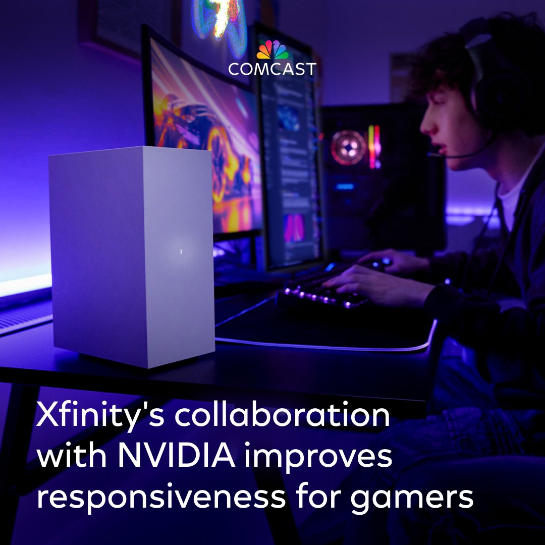 comcast's tweet photo. Milliseconds matter. 🎮⚡ 
Xfinity is collaborating with @NVIDIA to trial GPU‑powered AI at the network edge to help deliver lower latency, faster response times, and smoother gameplay. More: https://t.co/Lzf69ieZmv https://t.co/hugRFRLcC0