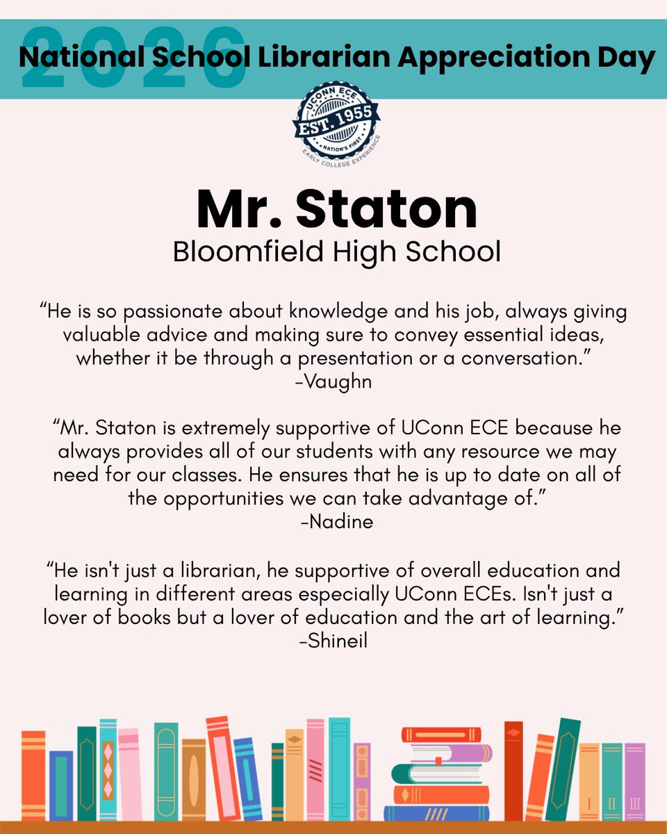 uconnece's tweet photo. This week, UConn ECE is celebrating the incredible School Librarians who support ECE and make a difference in students’ lives every day 
Today we’re recognizing:
Mr. Mutch, Mr. Staton, Mrs. Flood and Mrs. Wellspeak!
Join us in celebrating and thanking these incredible librarians! https://t.co/Gy1rny0eSY